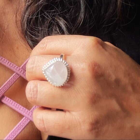 PINK QUARTZ DROP BIG SILVER STATEMENT RING - Picture 1 of 11